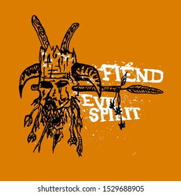 Tribal evil mask illustration. T-shirt hand drawn design. Wooden mask with horns, teeth, trails, feathers. 
