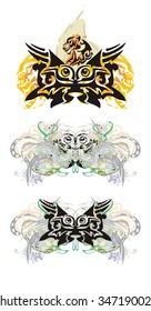 Tribal eyes splashes. Grunge scared eyes in the butterfly form with floral elements and the tiger head