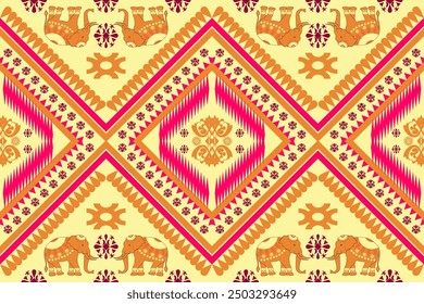 Tribal fabric pattern design, geometric shapes, colored triangles, tiles, ikat, embroidery, design for fabric pattern. Carpets, pillows, shirts, pants, bedding, curtains, patterns on glasses.