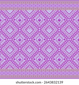 Tribal fabric pattern, geometric woven pattern, dark purple, intricate sticky rice pattern, lotus or flower petal pattern in the center, light purple background for textile, home decoration, design