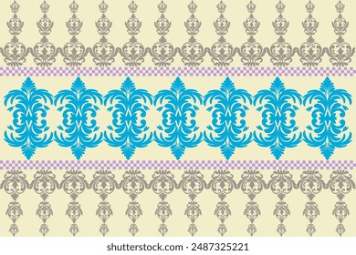 Stammesstoffmuster, Indianer Nahtlose geometrische Formen, cremefarbener Hintergrund, bunte Blumen, Illustrationen, Vektorgrafiken.