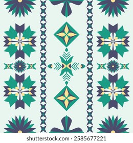 Tribal fabric, tile, and carpet feature a geometric Native American pattern on a light green color background