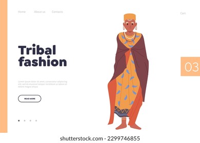 Tribal fashion landing page template with beautiful indigenous woman character in native clothes
