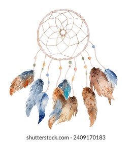 Tribal feather boho dreamcatcher watercolor ornament. Traditional dream catcher ethnic wing painting