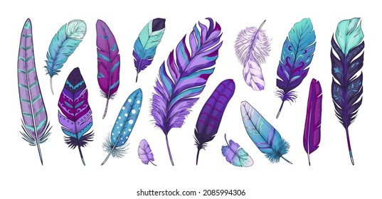 Tribal feather. Hand drawn bird quill with Indian ethnic ornaments and vintage rustic textures. Native American natural plumage decoration. Writing pen. Vector violet Boho elements set