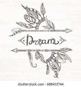 Tribal feathers and arrow. Hand drawn vector illustration background in boho style