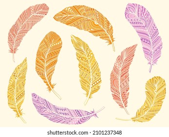 Tribal Feathers decoration set. Ethnic boho style hand drawing. Vector illustration