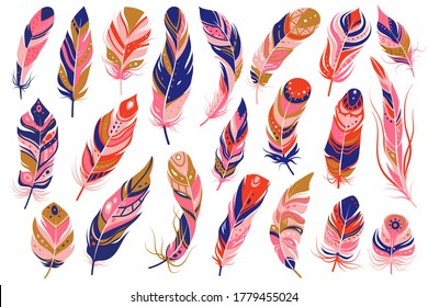 Tribal feathers. Decorative ethnic stylize feather ornamental indian aztec design, colored boho hippie birds plume curved silhouettes, vector isolated set