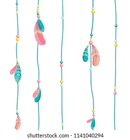 Tribal Feathers. Flat vector Ethnic seamless texture in boho style. Ideal for printing onto fabric, textile, packaging, wallpaper. For childish design.