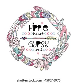  tribal feathers frame with lettering, hippie heart gypsy soul, boho art print, summer t-shirt design