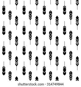 Tribal  feathers on white background. Feathers Aztec seamless pattern. Ethnic ornament. Vector ink illustration