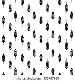 Tribal feathers on white background. Feathers Aztec seamless pattern. Ethnic ornament. Vector ink illustration