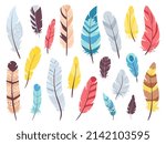 Tribal feathers set. Flat doodle feather, bird plumage collection. Indian boho decorative elements, art vintage design. Isolated ethnic decent vector clipart
