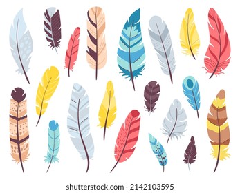 Tribal feathers set. Flat doodle feather, bird plumage collection. Indian boho decorative elements, art vintage design. Isolated ethnic decent vector clipart