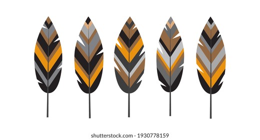 Las plumas tribales. Las plumas están aisladas en el fondo blanco. Ilustración vectorial.