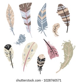 Tribal Feathers Vector Set, hand drawn ethnic style