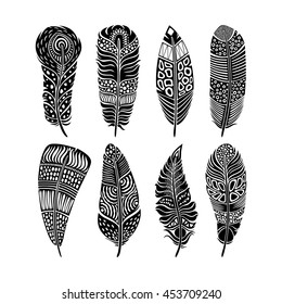 Tribal feathers vector set. Rustic decorative stencil feathers. 