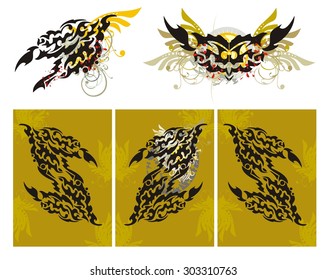 Tribal fire dragon splashes and a dragon triptych. Grunge imaginary fire dragon head with floral elements splashes and blood drops