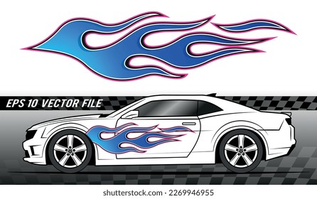 Tribal fire flame electric race car body side vinyl sticker vector eps art image file. Burning tires and flames sport car decal.