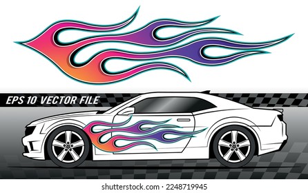 Tribal fire flame race car body side vinyl sticker vector art image eps 10 file. Burning tires and flames sports car decal. Side decoration for car, auto, truck, boat, suv, motorcycle.