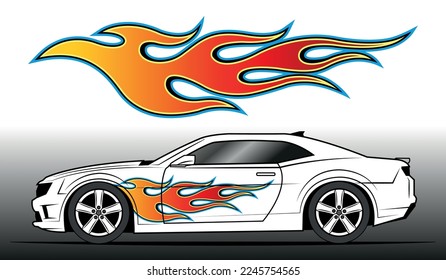 Tribal fire flame racing car vinyl sticker vector art image eps 10 file. Burning tires and flames car decal.