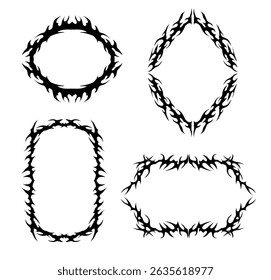 Tribal fire frame in black gothic abstract shape free-hand symmetrical style vector design set isolated on white background
