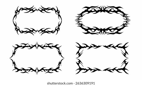 Tribal fire frame vector design set, symmetrical hand drawn gothic borders template isolated on white background 