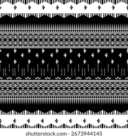Padrão geométrico de peixes tribais em preto e branco, combinando estilo étnico e moderno, adequado para têxteis, moda e design gráfico.