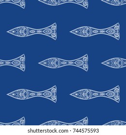 Tribal fish with white background. Seamless pattern. Ornament illustration. Great for fabric and textile, invitation, flyer, menu, brochure, background, wallpaper, decoration, or any desired idea.
