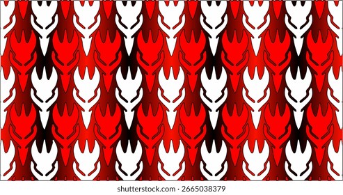 Patrón de llama tribal en rojo, blanco y negro, creando un efecto dramático y enérgico.
