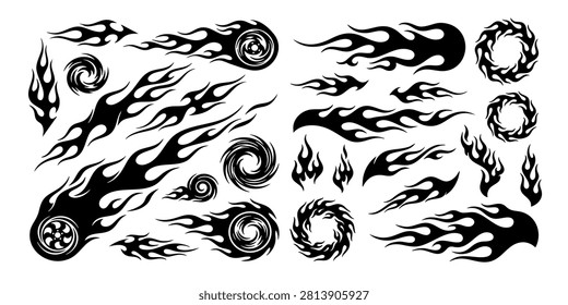Tribal flame silhouettes vector set with hot rod racing fire elements isolated on white background graphic