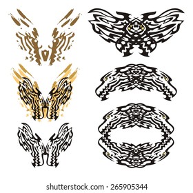 Tribal flaming dragon butterfly and roundish dragon frame. The butterflies inspiring fear formed by the dragon heads and a dragon frame in tribal style
