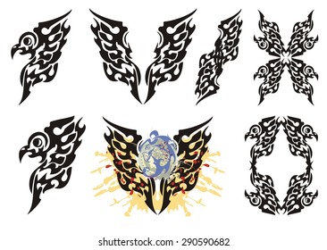 Tribal flaming eagle elements. Eagle wings with splashes in blood as a symbol of the power, also eagle frame and eagle elements