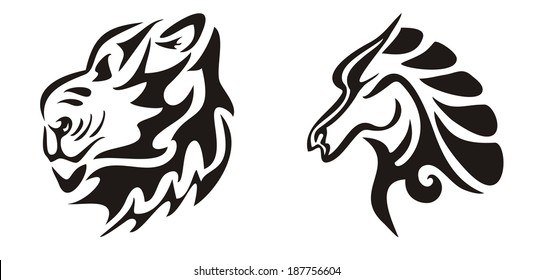 Tribal flaming lion and horse heads