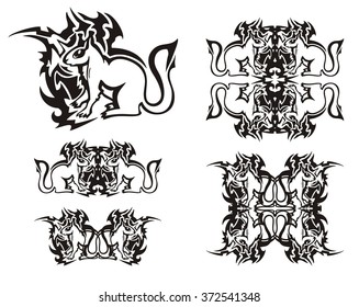 Tribal flaming squirrel symbols. Black on the white. Set of the decorative sitting squirrels