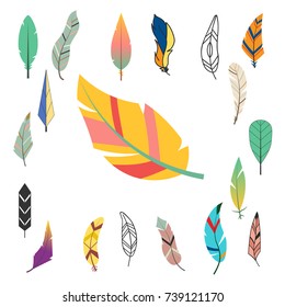 Tribal flat feather different style bird vintage colorful ethnic hand drawn element decorative drawing nature quill painting vector illustration.