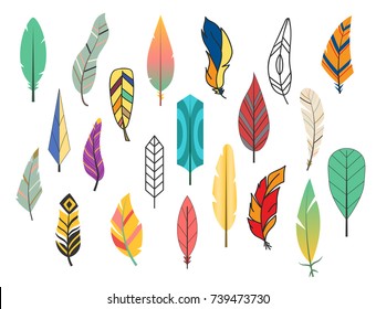 Tribal flat feather different style bird vintage colorful ethnic hand drawn element decorative drawing nature quill painting vector illustration.