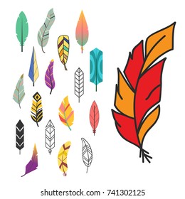 Tribal flat feather different style bird vintage colorful ethnic hand drawn element decorative drawing nature quill painting vector illustration.