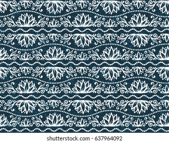 Tribal floral dark blue and white vector seamless pattern in doodle style