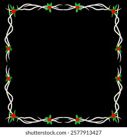 tribal floral frame with white intertwined lines and red green flowers on a black background. Perfect for tattoo designs, invitations, and decorative borders