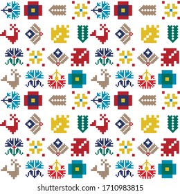 Tribal floral seamless pattern. Traditional native art vector ornament. Plaid, a blanket, dress print pattern.  Mix of ukrainian and scandinavian style. White, red, blue, yellow and gray colors.