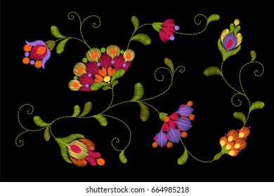 Tribal flower embroidery crewel patch. Bright red green colorful floral textile ornament. Ornate vector illustration art