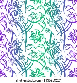 Tribal Flower seamless pattern with purple and green gradient on white background. Backdrop vector illustration