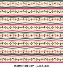 Tribal flower stripes seamless pattern, ethnic style vector illustration