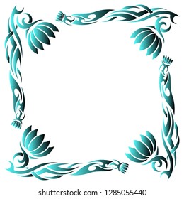 Tribal flower tattoo pattern frame on white background. Black and blue colored vector illustration