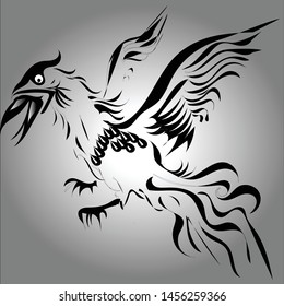 Tribal flying cock black tattoo motif with a sparkling black background