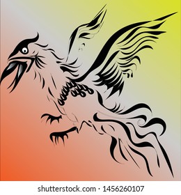 Tribal flying cock black tattoo motif with a background of yellow orange