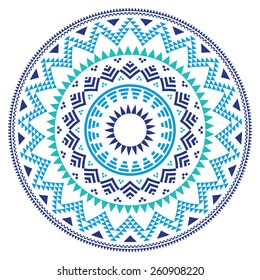 Tribal Folk Aztec Geometric Pattern In Circle - Blue, Navy And Turquoise