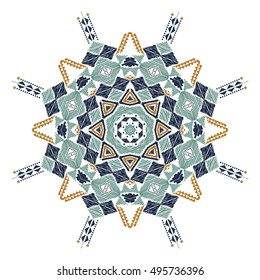 Tribal folk aztec geometric pattern in circle. Round american indian motif in vector. Hand drawn ornate background for fashion design, textile, paper, card and cover. Colorful art print design.