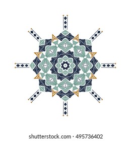 Tribal folk aztec geometric pattern in circle. Round american indian motif in vector. Hand drawn ornate background for fashion design, textile, paper, card and cover. Colorful art print design.